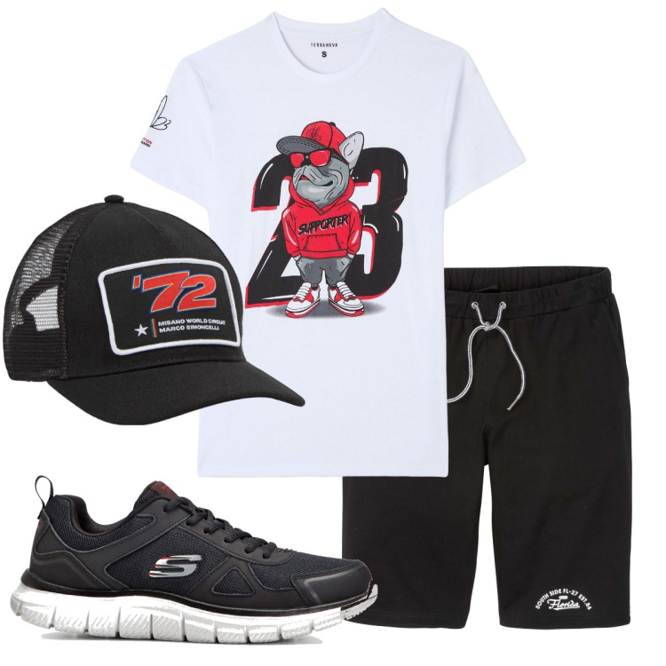 Outfit uomo - I numeri. Stile Casual per Sport. Abbinamento con bermuda, sneakers, cappelli, t-shirt.