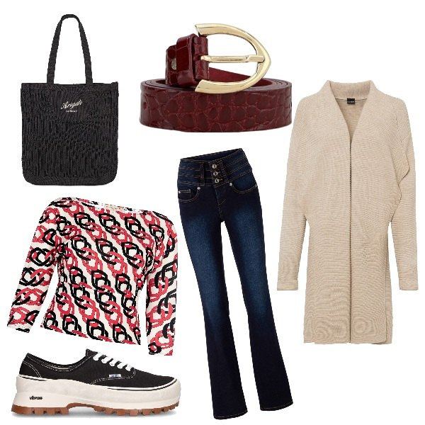 Outfit donna - Total look #1727049. Stile Casual per Tutti i giorni. Abbinamento con jeans bootcut, cardigans, bluse, cinture, sneakers, shopping bag.