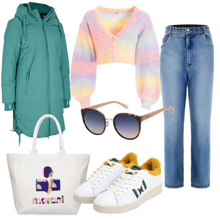 Outfit donna - Casual colorato. Stile Casual per Tutti i giorni. Abbinamento con blazer, cardigans, sneakers, jeans, occhiali da sole, shopping bag.