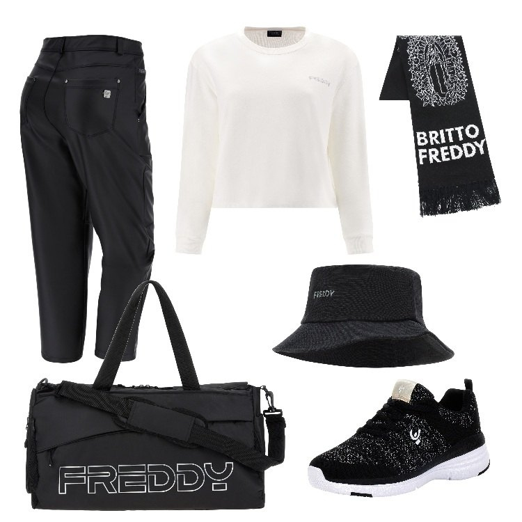 Outfit donna - Freddy a metà prezzo. Stile Trendy per Sport. Abbinamento con borse sportive, pantaloni capri, scarpe sportive, felpe, cappelli, sciarpe.