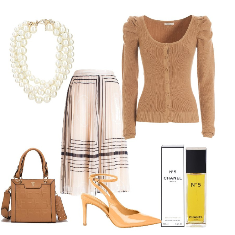 Outfit donna - Gonna a pieghe sempre un\'ottima scelta. Stile Bon Ton per Tutti i giorni. Abbinamento con profumi, décolleté, gonne longuette, cardigans, borse tote, collane.