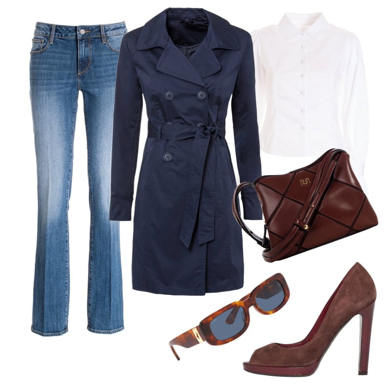 Outfit donna - ...col trench blu!. Stile Casual chic per Tutti i giorni. Abbinamento con trench, décolleté, borse a spalla, jeans bootcut, camicie, occhiali da sole.