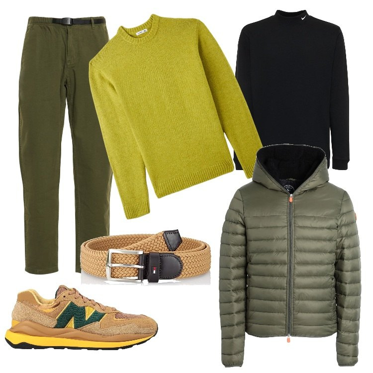 Outfit uomo - Foliage autunnale per lui. Stile Trendy per Tutti i giorni. Abbinamento con sneakers, piumini, maglieria, cinture, pantaloni, camicie.