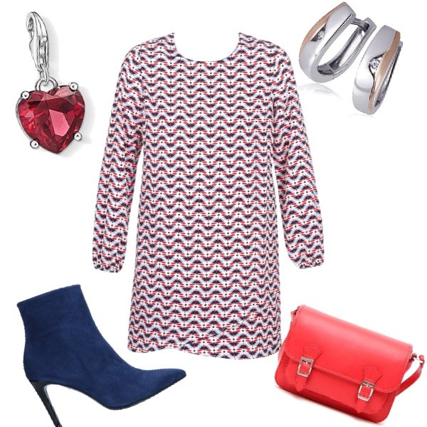 Outfit donna - Trendy #21997. Stile Trendy per Tutti i giorni. Abbinamento con stivaletti effetto scamosciato con zip a punta tinta unita, vestiti corti, borsa a tracolla con zip e bottoni, collana in sterling 925 oro e bianco e argento, pendente.