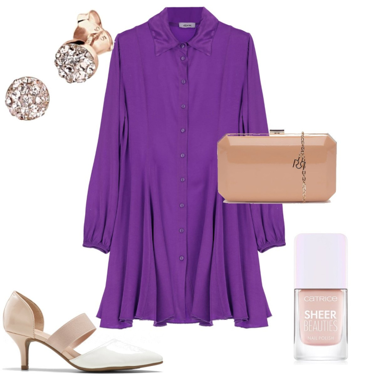 Outfit donna - Il chemisier viola. Stile Bon Ton per Serata fuori. Abbinamento con décolleté, smalti, clutch, vestiti chemisier, orecchini.
