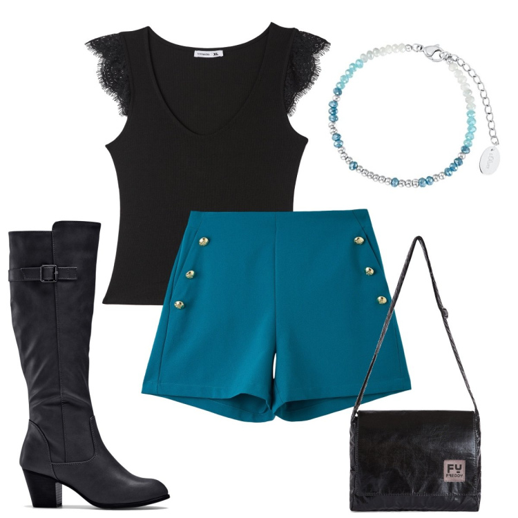Outfit donna - Gli shorts autunnali. Stile Sexy per Serata fuori. Abbinamento con stivali, canottiere, shorts, borse a tracolla, braccialetti.