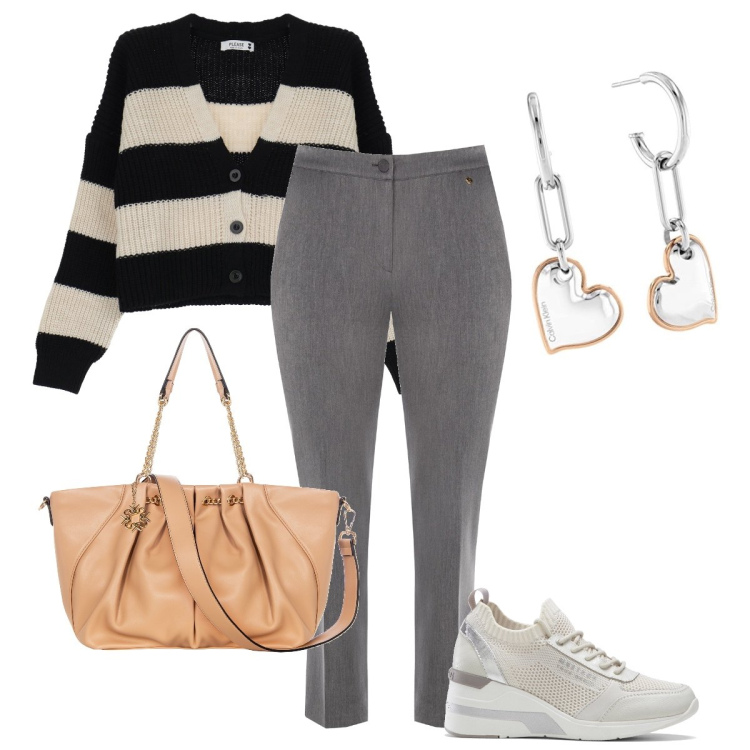 Outfit donna - Gli orecchini a cuoricino. Stile Casual chic per Ufficio. Abbinamento con sneakers, pantaloni skinny, borse a spalla, cardigans, orecchini.