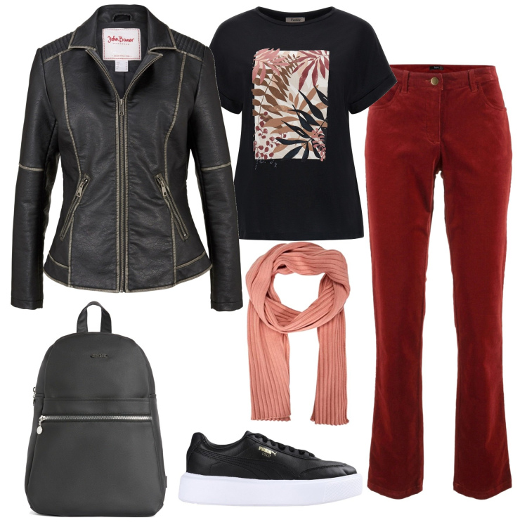 Outfit donna - Pantaloni bordeaux. Stile Casual per Tutti i giorni. Abbinamento con pantaloni, blazer, sneakers, zaini, t-shirt, sciarpe.