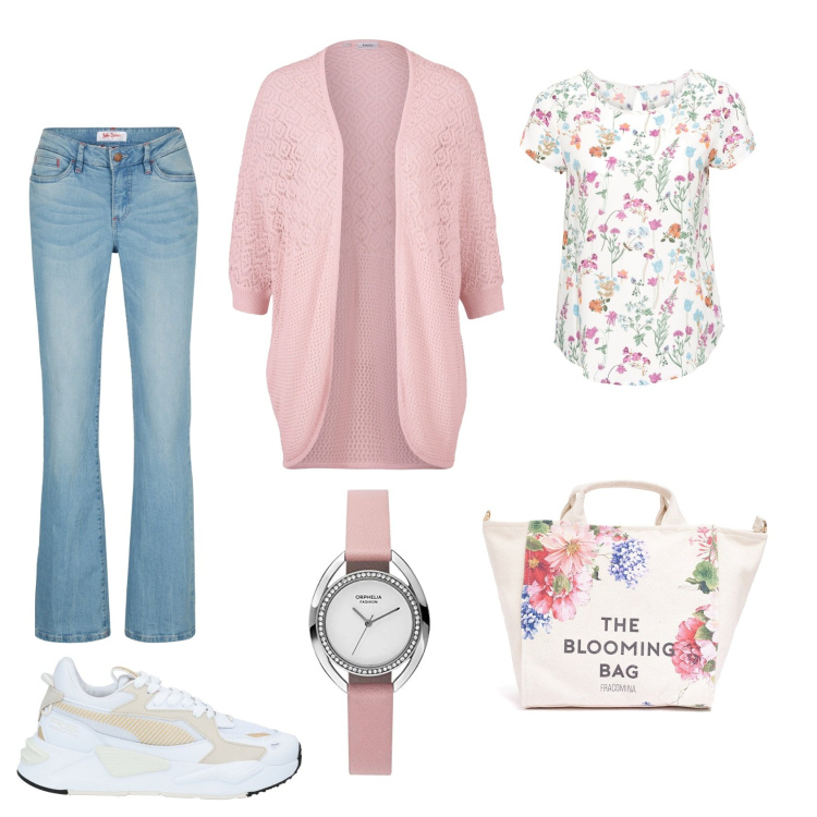 Outfit donna - Estate soft. Stile Casual per Tutti i giorni. Abbinamento con bluse, jeans bootcut, cardigans, sneakers, borse tote, orologi analogici.