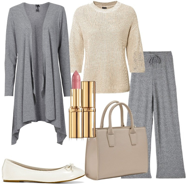 Outfit donna - Minimal & Comfy. Stile Minimal per Tutti i giorni. Abbinamento con ballerine, maglieria, cardigans, rossetti, pantaloni, shopping bag.