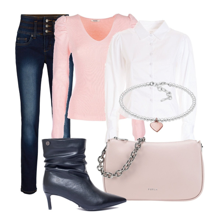 Outfit donna - Total look #1727267. Stile Casual per Tutti i giorni. Abbinamento con borse a mano, jeans, maglieria, camicie, stivaletti, braccialetti.