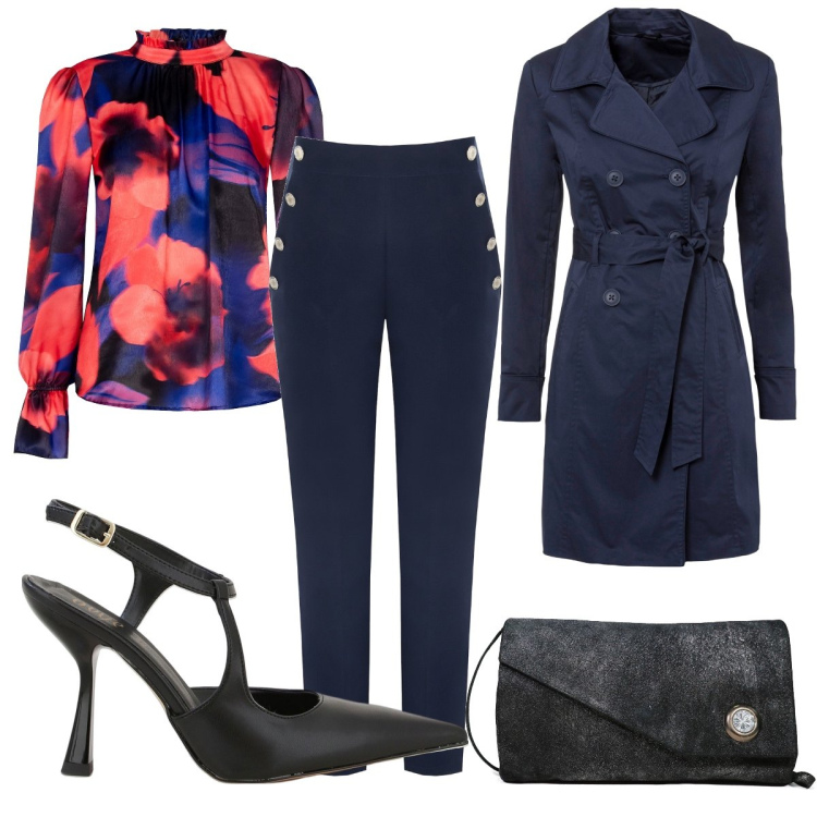 Outfit donna - Un impegno importante. Stile Chic per Tutti i giorni. Abbinamento con trench, borse a spalla, pantaloni, bluse, décolleté.