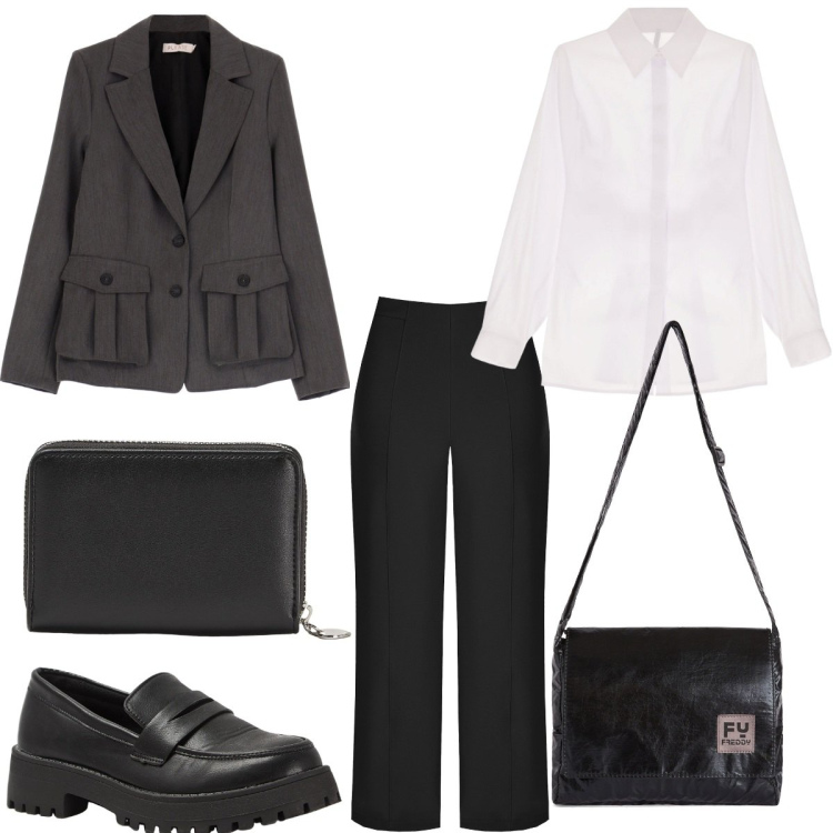 Outfit donna - Total look #1727276. Stile Minimal per Ufficio. Abbinamento con mocassini, portafogli, pantaloni capri, giacche, camicie, borse a tracolla.