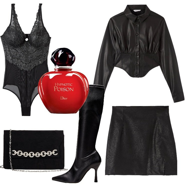 Outfit donna - La camicia con corsetto. Stile Sexy per Serata fuori. Abbinamento con stivali sopra il ginocchio, minigonne, camicie, body, profumi, pochette.
