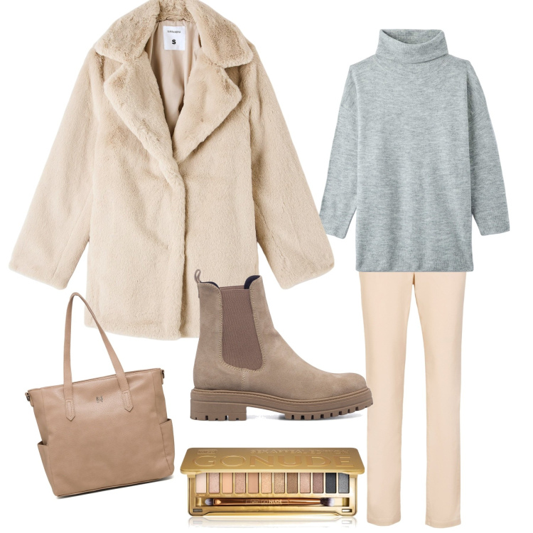 Outfit donna - Toni neutri. Stile Basic per Tutti i giorni. Abbinamento con pantaloni, ombretti, maglieria, ecopellicce, stivaletti, borse a spalla.