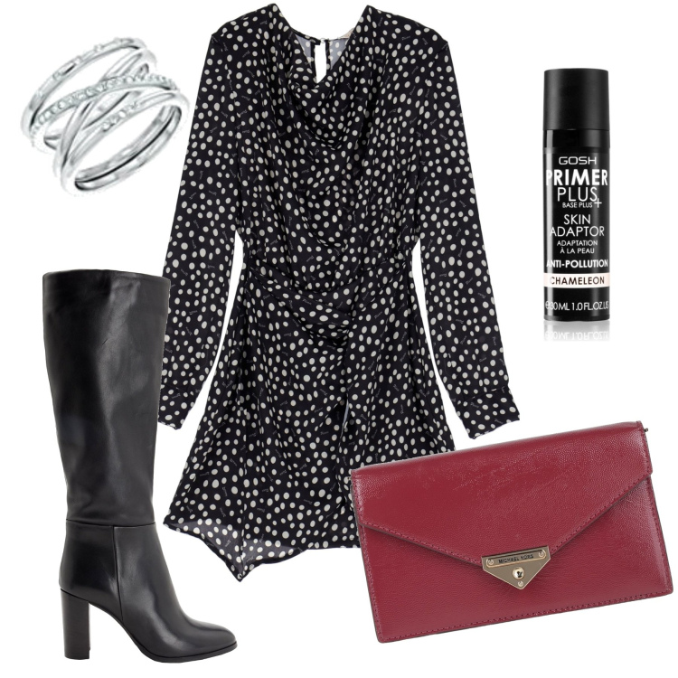 Outfit donna - Abito corto e stivale. Stile Trendy per Serata fuori. Abbinamento con stivali sopra il ginocchio, borse a mano, primer, vestiti corti, anelli.