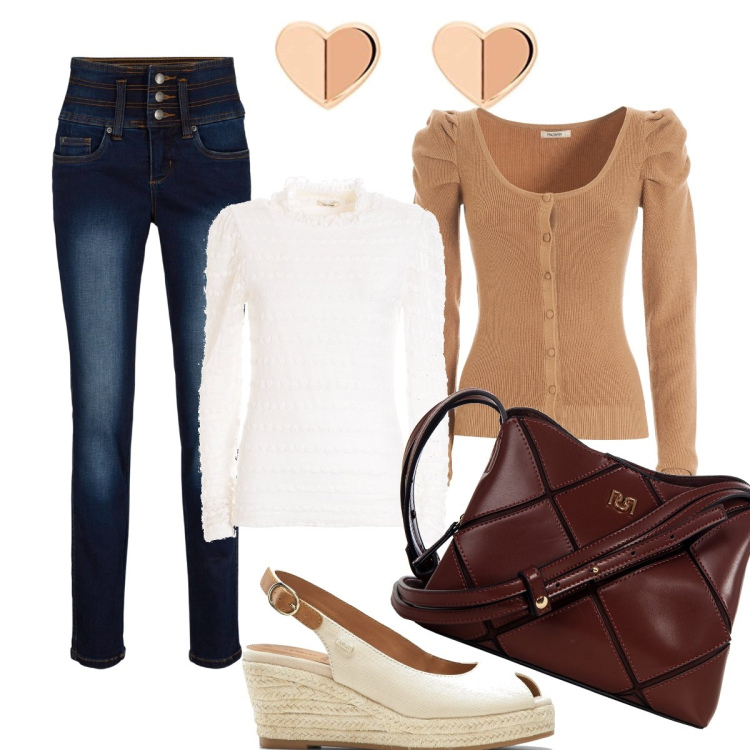 Outfit donna - Total look #1727301. Stile Casual per Tutti i giorni. Abbinamento con jeans, sandali, cardigans, bluse, borse a spalla, orecchini.