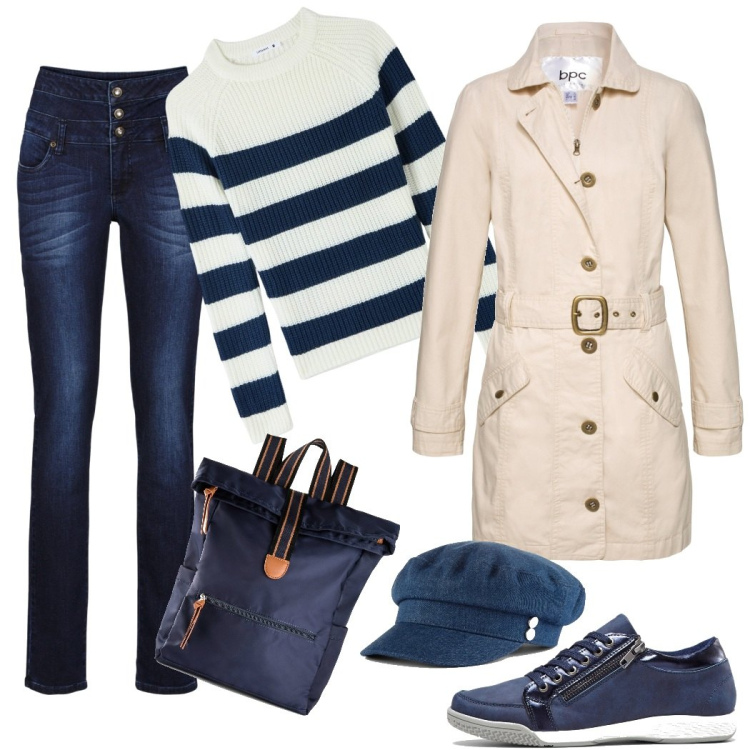 Outfit donna - Una passeggiata sulla spiaggia. Stile Casual per Tutti i giorni. Abbinamento con zaini, sneakers alte, jeans skinny, trench, cappelli, maglieria.