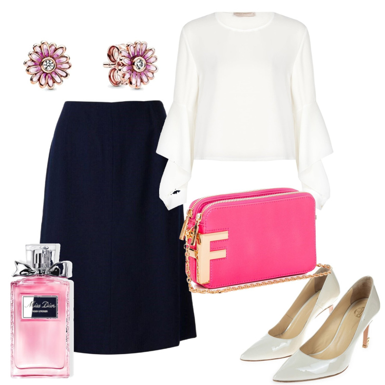 Outfit donna - Cerimonia. Stile Chic per Cerimonia. Abbinamento con gonne longuette, profumi, bluse, décolleté, pochette, orecchini.