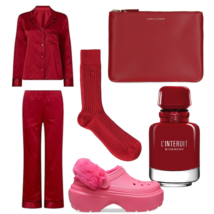 Outfit donna - Night. Stile Basic per Tutti i giorni. Abbinamento con profumi, pigiama, zoccoli, portafogli, calzini.