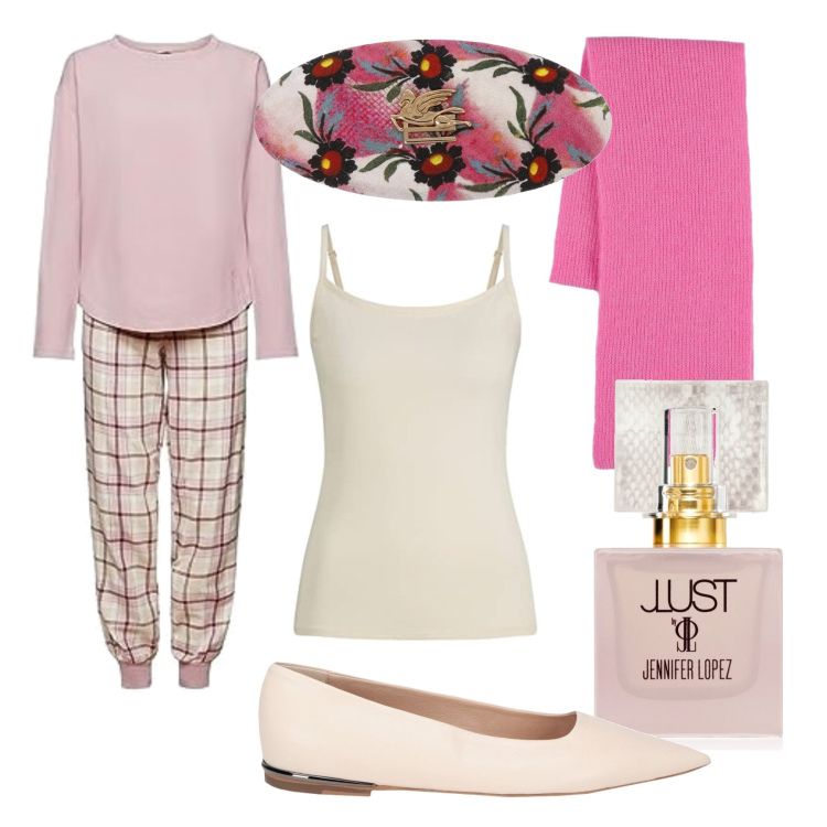 Outfit donna - Night. Stile Basic per Tutti i giorni. Abbinamento con ballerine, profumi, pigiama, accessori per capelli, magliette intime, sciarpe.