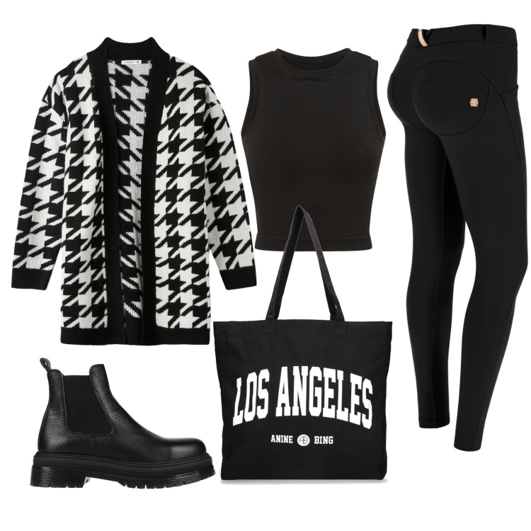 Outfit donna - Total look #1727386. Stile Casual per Tutti i giorni. Abbinamento con stivaletti chelsea, cardigans, pantaloni skinny, canottiere, shopping bag.