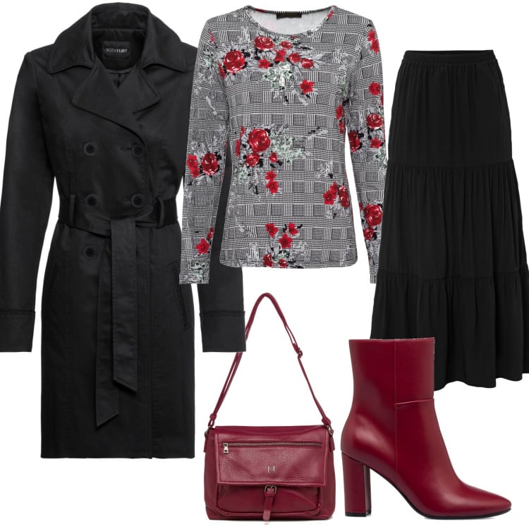 Outfit donna - Autunno curvy. Stile Casual chic per Tutti i giorni. Abbinamento con trench, maglieria, gonne lunghe, stivaletti, borse a tracolla.