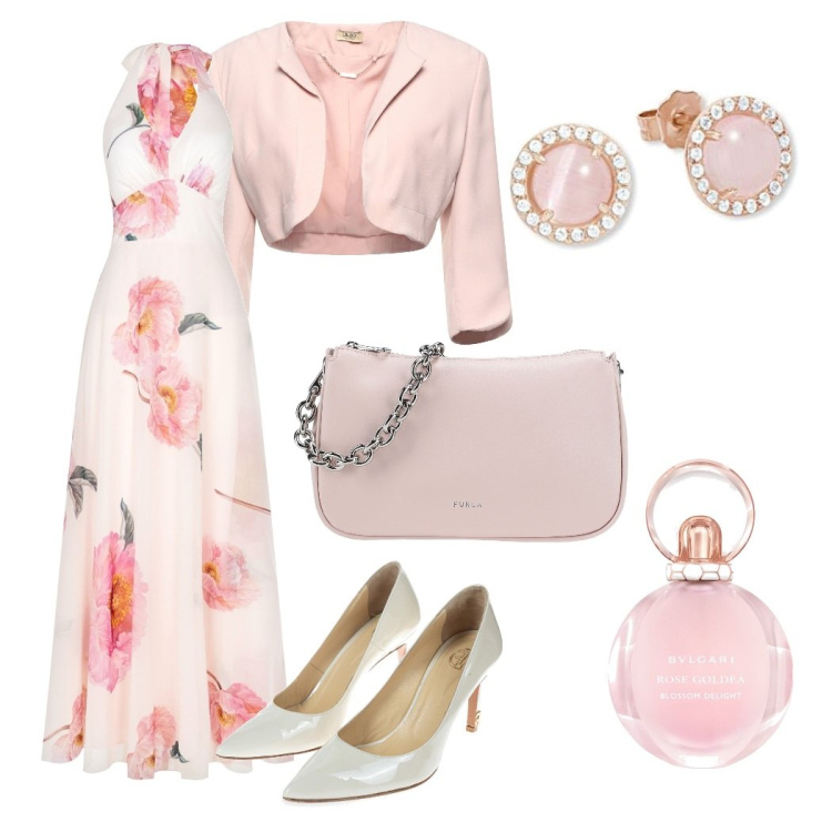 Outfit donna - Elegante. Stile Romantica per Cerimonia. Abbinamento con borse a mano, blazer, profumi, vestiti lunghi, décolleté, orecchini.