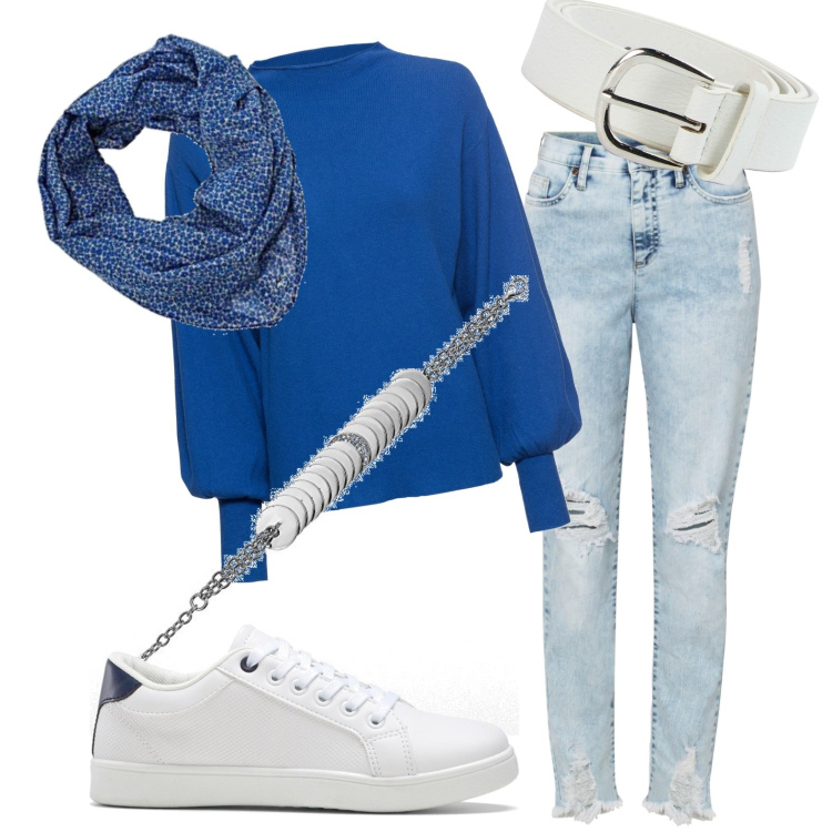 Outfit donna - Tempo libero. Stile Casual per Tutti i giorni. Abbinamento con maglieria, jeans mom, sneakers, cinture, sciarpe, braccialetti.