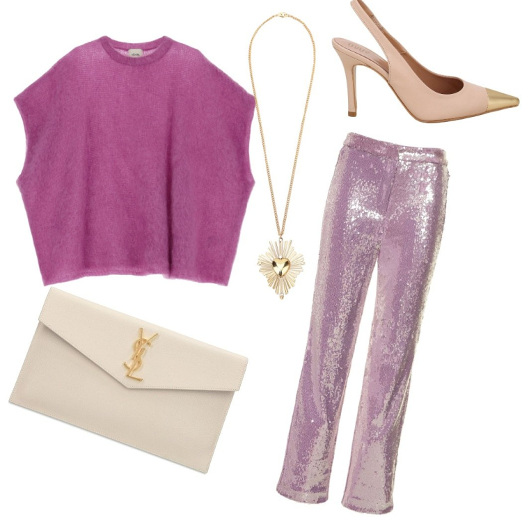 Outfit donna - Rosa per un'occasione speciale. Stile Romantica per Serata fuori. Abbinamento con décolleté, ciondoli, maglieria, pochette, pantaloni.