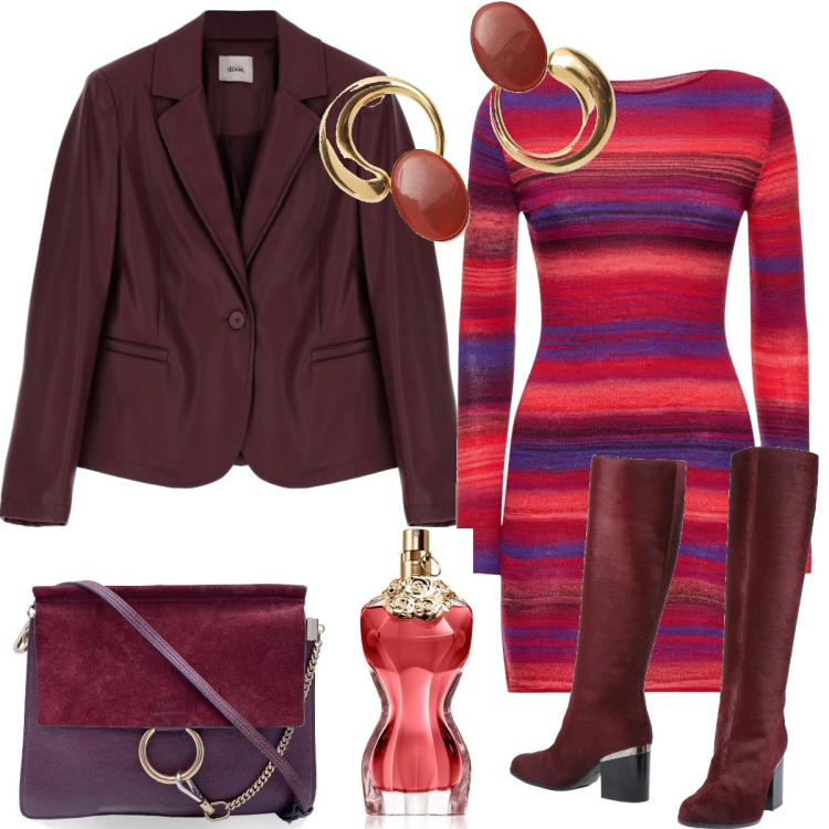 Outfit donna - Righe. Stile Trendy per Tutti i giorni. Abbinamento con stivali, borse a spalla, profumi, giacche, vestiti, orecchini.