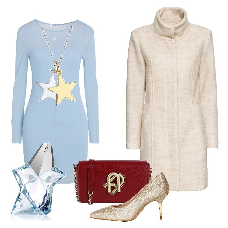 Outfit donna - Total look #1727464. Stile Chic per Cerimonia. Abbinamento con cappotti, vestiti corti, borse a tracolla, profumi, décolleté, collane.