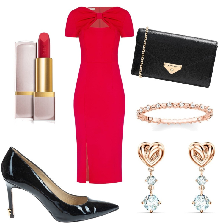 Outfit donna - Serata glamour. Stile Sexy per Serata fuori. Abbinamento con borse a mano, rossetti, vestiti midi/longuette, décolleté, orecchini, anelli.