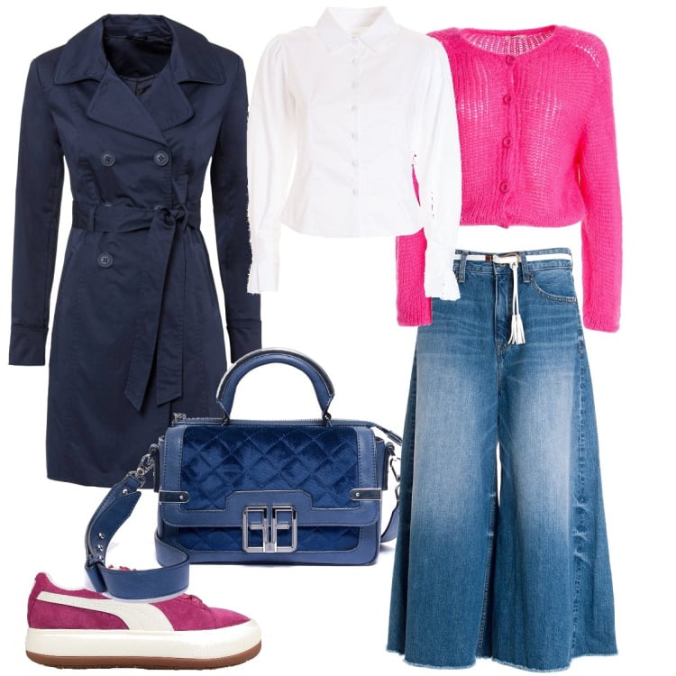 Outfit donna - Total look #1727486. Stile Casual chic per Tutti i giorni. Abbinamento con trench, sneakers, jeans, borse a spalla, camicie, cardigans.