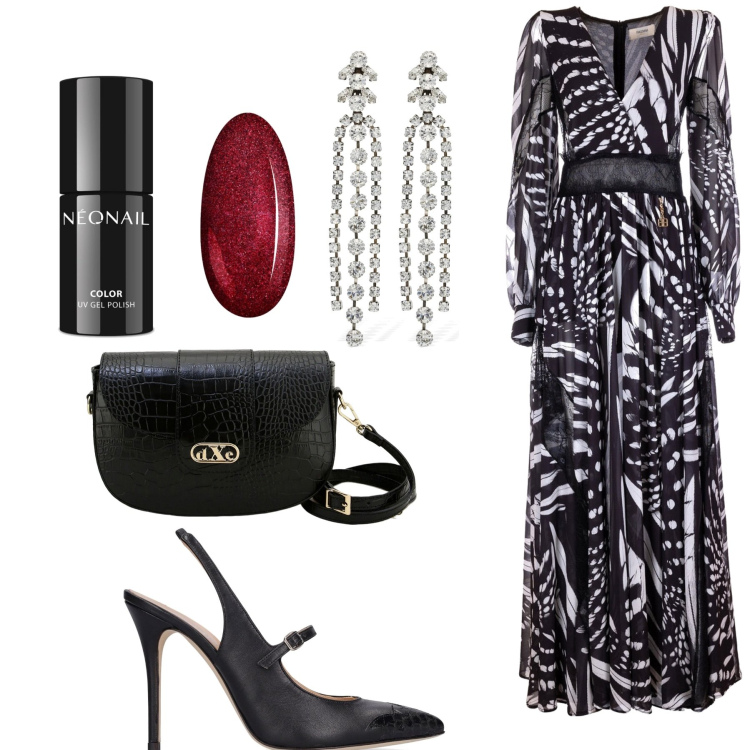 Outfit donna - A teatro. Stile Chic per Serata fuori. Abbinamento con smalti, vestiti lunghi, pochette, orecchini, décolleté.