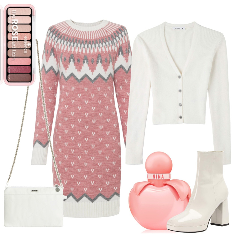 Outfit donna - Shopping giornaliero. Stile Basic per Tutti i giorni. Abbinamento con vestiti, profumi, ombretti, cardigans, stivaletti, clutch.