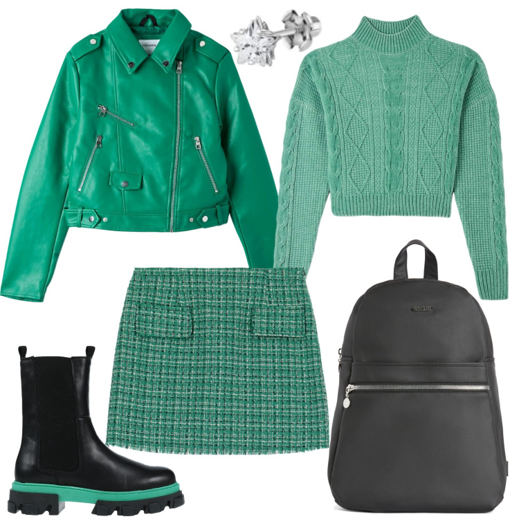 Outfit donna - Preppy Style con gli stivaletti. Stile Preppy per Scuola/Università. Abbinamento con stivaletti, cappotti, maglieria, minigonne, zaini, orecchini.