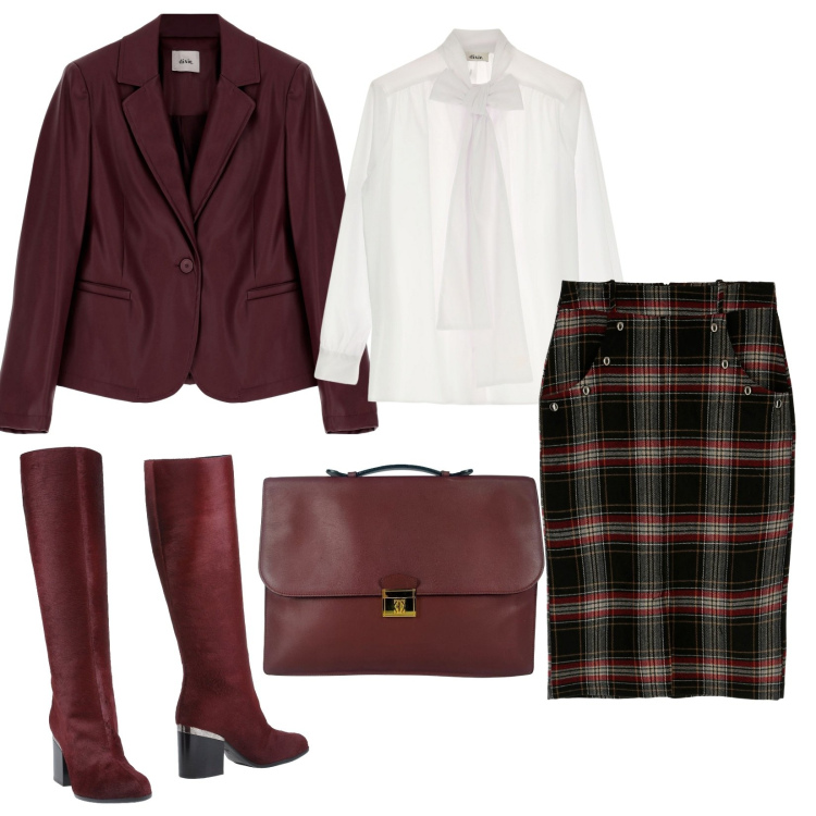 Outfit donna - Fantasia scozzese in ufficio. Stile Trendy per Ufficio. Abbinamento con stivali, borse a mano, gonne longuette, camicie, giacche.