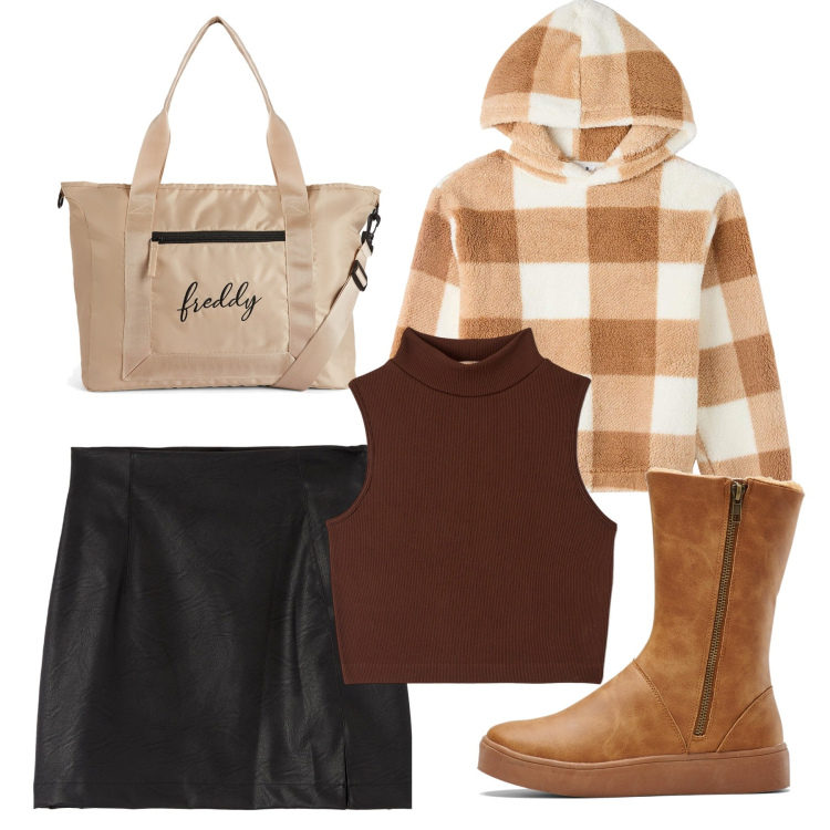 Outfit donna - Minigonna e felpa. Stile Casual chic per Scuola/Università. Abbinamento con stivali, felpe con cappuccio, minigonne, top, borse tote.