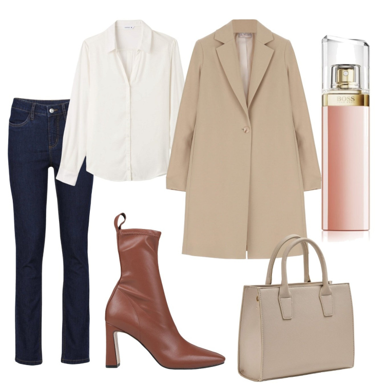 Outfit donna - Minimal low cost. Stile Minimal per Tutti i giorni. Abbinamento con jeans, stivaletti, profumi, shopping bag, camicie, cappotti.