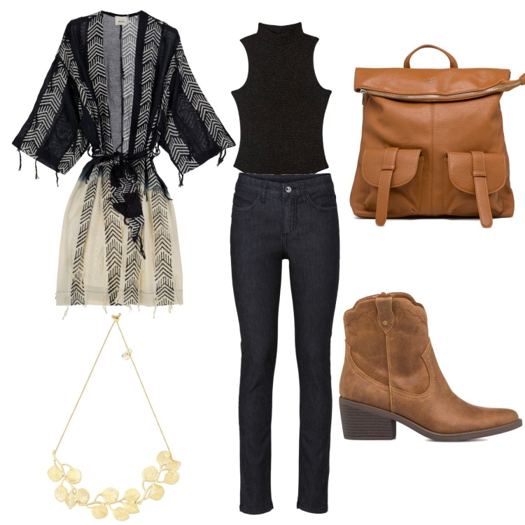 Outfit donna - Università in denim. Stile Casual per Scuola/Università. Abbinamento con jeans skinny, body, giacche, collane, zaini, stivaletti texani.