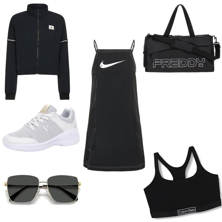 Outfit donna - Sentirsi leggera. Stile Sporty chic per Sport. Abbinamento con borse sportive, scarpe sportive, giacche, occhiali da sole, vestiti, bralette.
