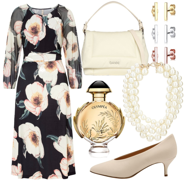 Outfit donna - Flor. Stile Romantica per Ufficio. Abbinamento con vestiti midi/longuette, décolleté, profumi, collane, orecchini, borse a spalla.