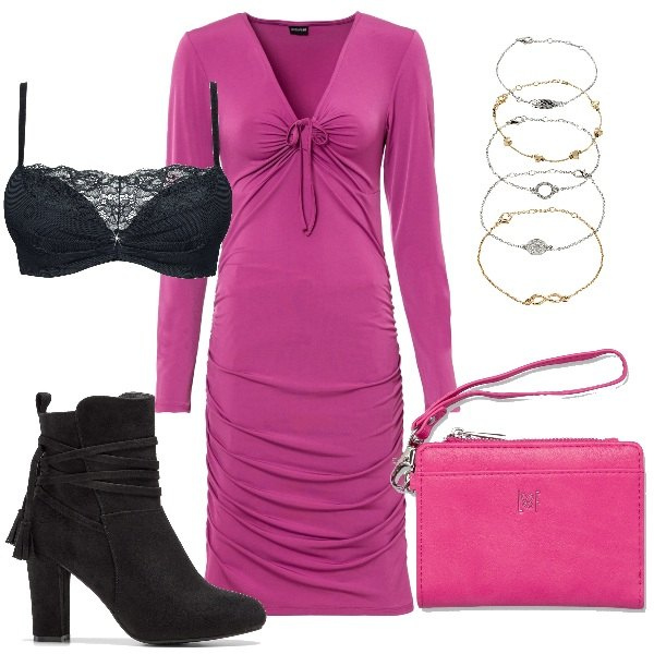 Outfit donna - Total look #1727642. Stile Sexy per Serata fuori. Abbinamento con reggiseni push-up, braccialetti con ciondoli, vestiti, stivaletti, portafogli.