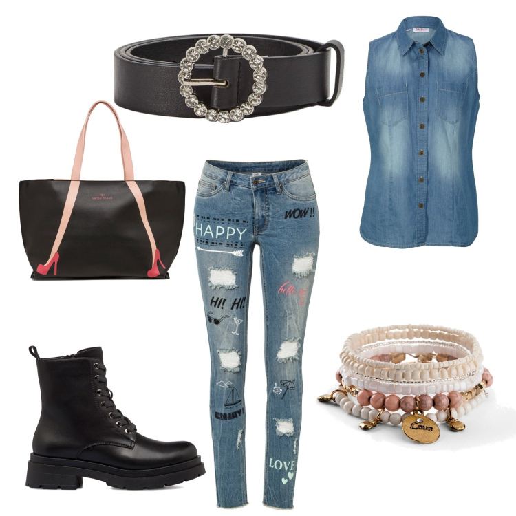 Outfit donna - Denim con amore. Stile Basic per Tutti i giorni. Abbinamento con braccialetti, jeans skinny, camicie, cinture, anfibi, borse a spalla.