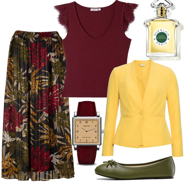 Outfit donna - La gonna plissettata. Stile Romantica per Ufficio. Abbinamento con blazer, gonne lunghe, ballerine, profumi, canottiere, orologi analogici.