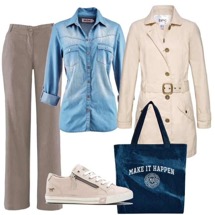 Outfit donna - Abbinare la camicia jeans. Stile Casual per Tutti i giorni. Abbinamento con pantaloni, camicie, trench, sneakers, shopping bag.