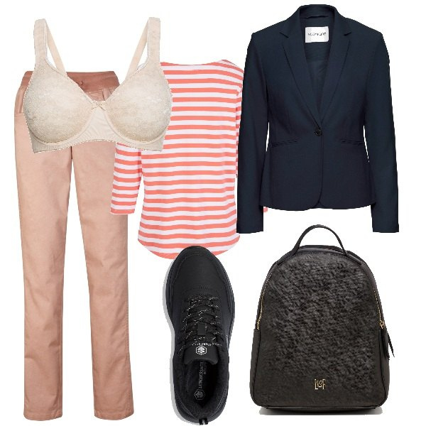 Outfit donna - Total look #1727653. Stile Casual chic per Scuola/Università. Abbinamento con blazer, pantaloni, reggiseni, maglieria, sneakers, zaini.