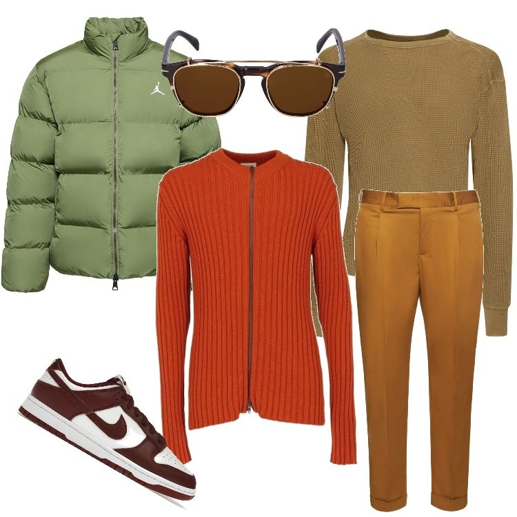 Outfit uomo - Occhiali d'autunno. Stile Casual per Tutti i giorni. Abbinamento con sneakers, cardigans, t-shirt, occhiali da sole, piumini, pantaloni.