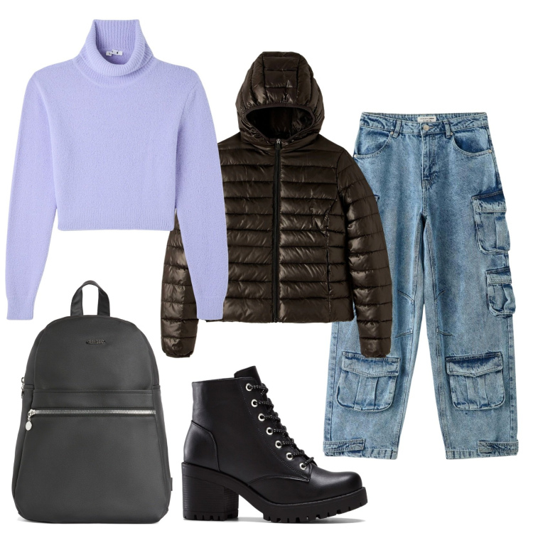 Outfit donna - Total look #1727700. Stile Urban per Tutti i giorni. Abbinamento con stivaletti, maglieria, piumini, jeans, zaini.